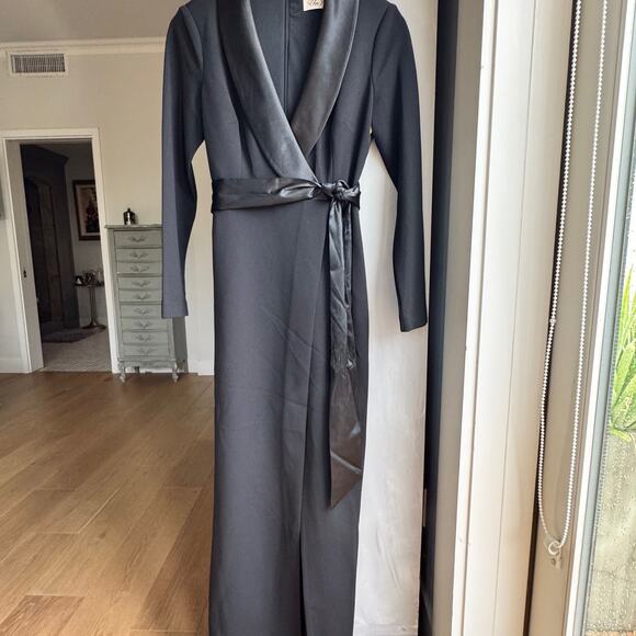 Eliza J Dress Sz 6 Black Satin Trim Wrap Evening Gown Long Sleeve Formal NWOT - Picture 5 of 16
